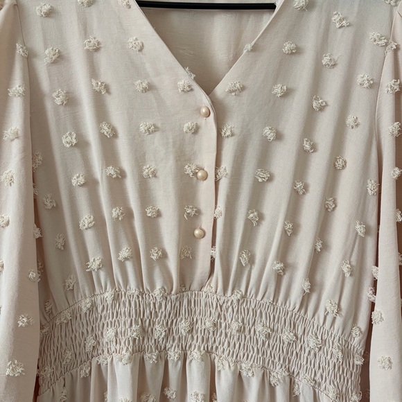 Light Khaki Swiss Dot Maxi Dress Smocked Waist - Picture 5 of 12
